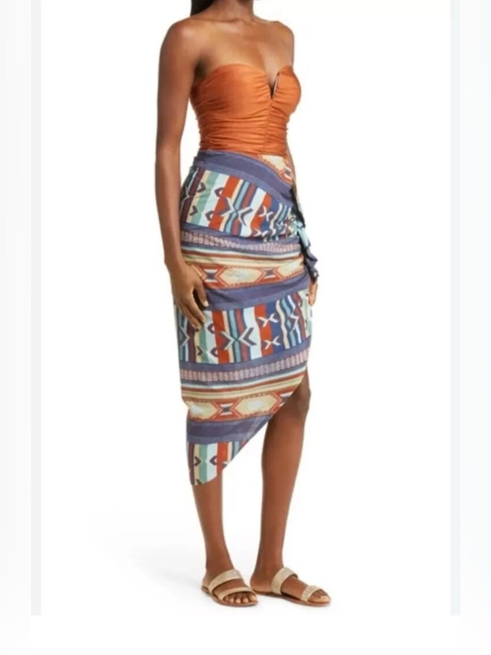Veronica Beard Multi Aztec Hazel Asymmetrical Ruched Cotton Midi Skirt Sz XS